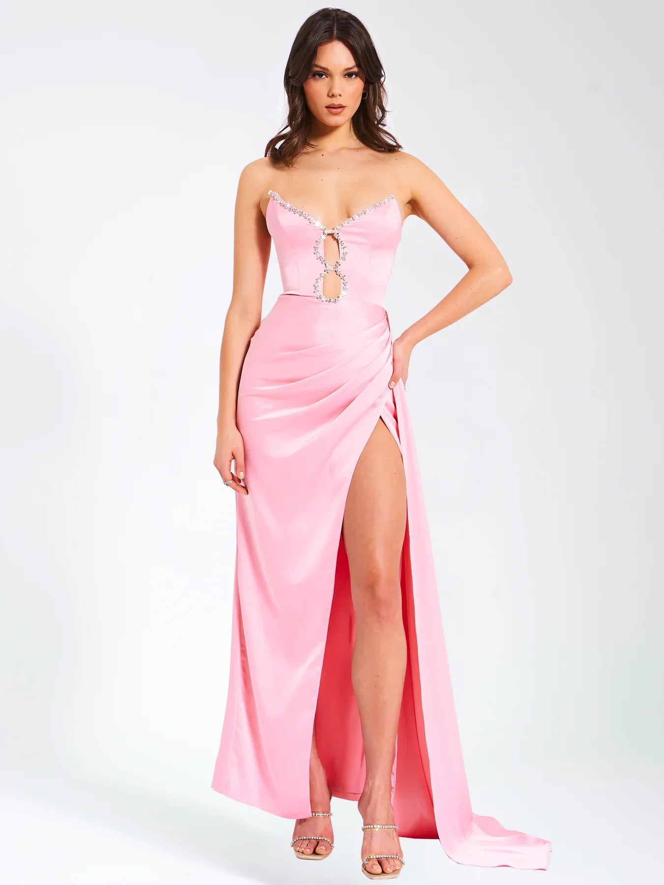 Pink Color Women Sexy Strapless Shinning Crystal Satin Bodycon High Split Dress Sweet Birthday Party Valentine's Day Dress