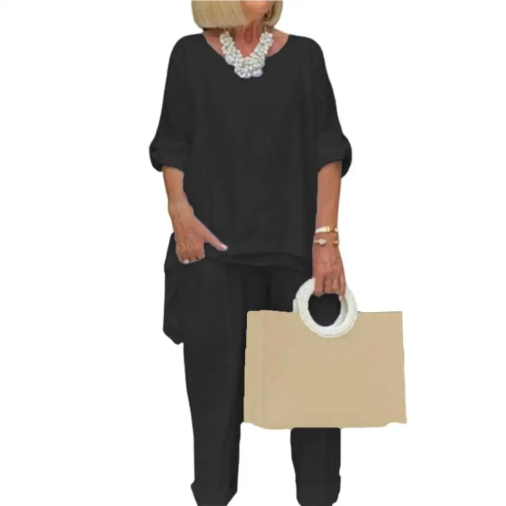 Women Casual Two Pieces Set Summer Fashion Half Sleeve O-Neck Loose Suit Female Vintage Pocket Top Long Pants Solid Outfit black