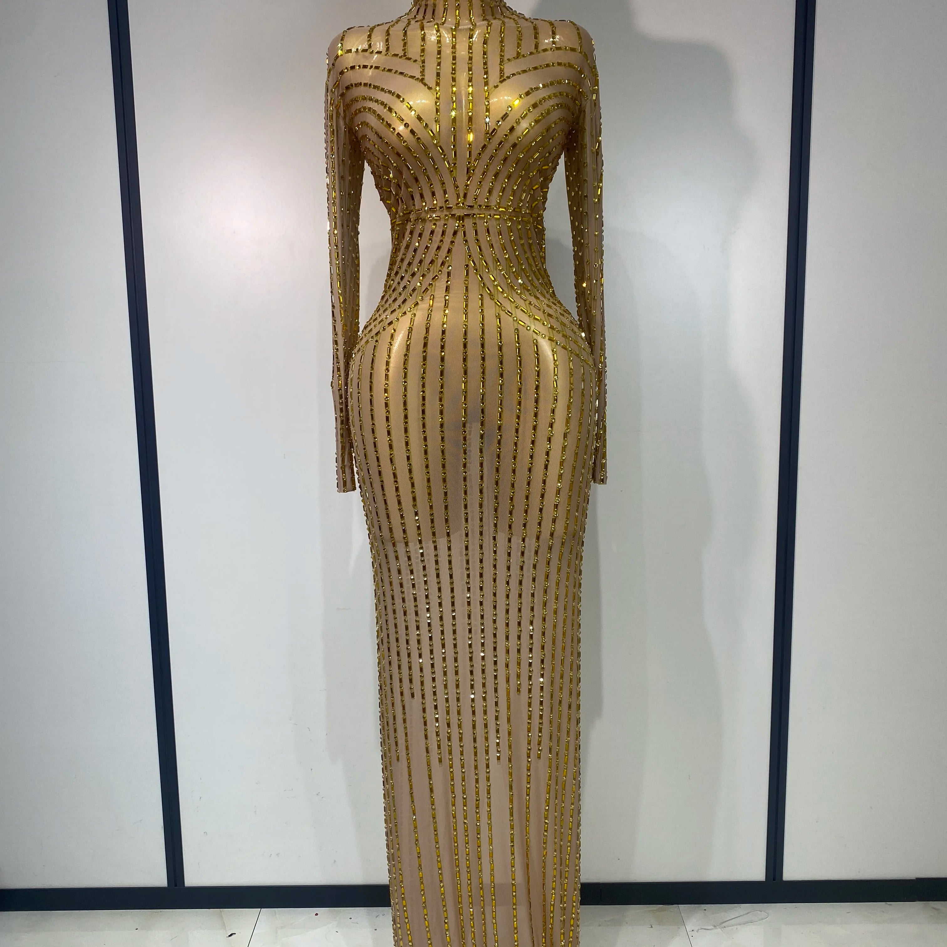 Sexy Long Sleeve Mesh See Through Gold Silver Maxi Dress Evening Party Singer Costume Stage Performance Luxury Birthday Dress