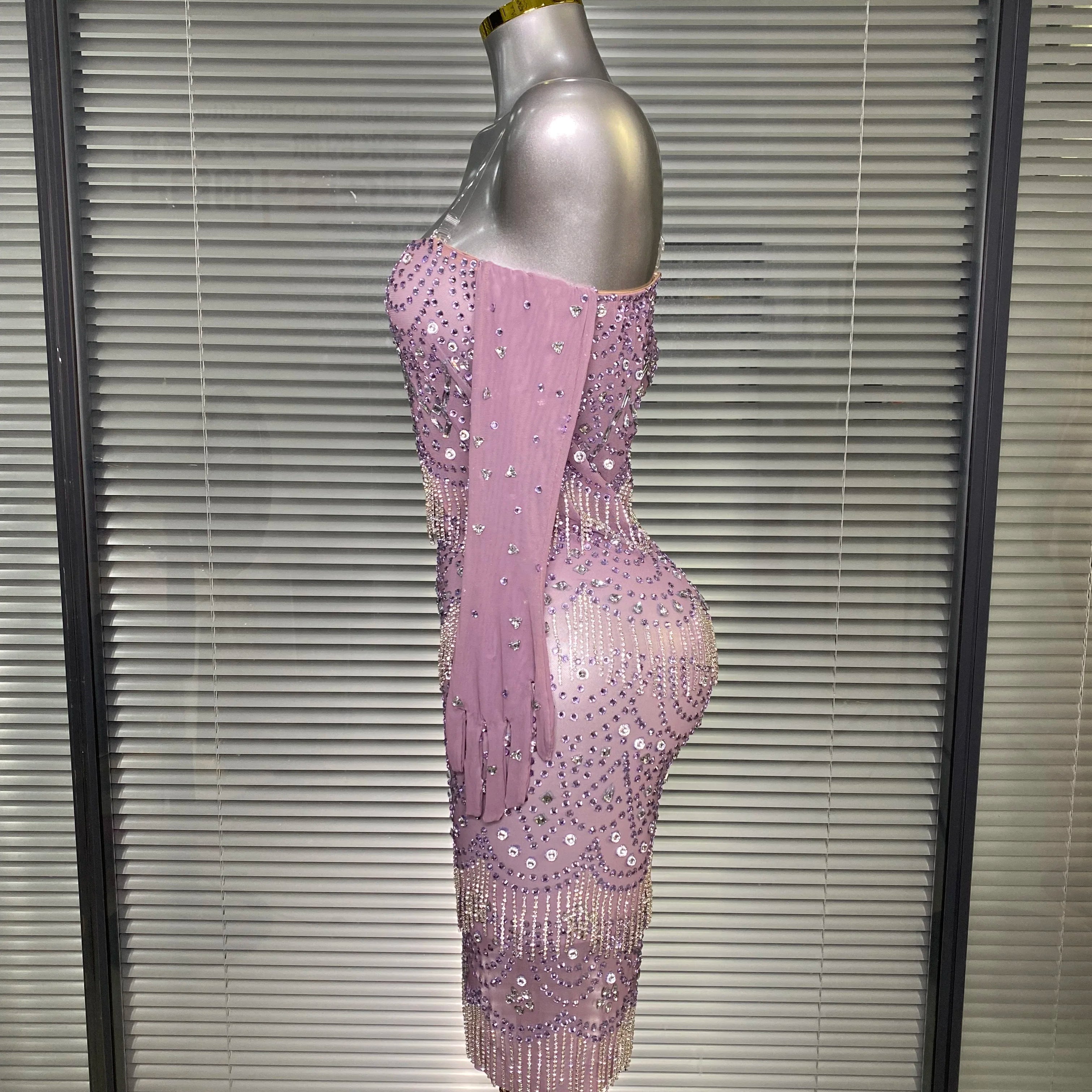 Women Sexy Strapless See Through Mesh Purple Costume Stage Dancer Singer Night Club Celebrity Gloves Mini Party Dress