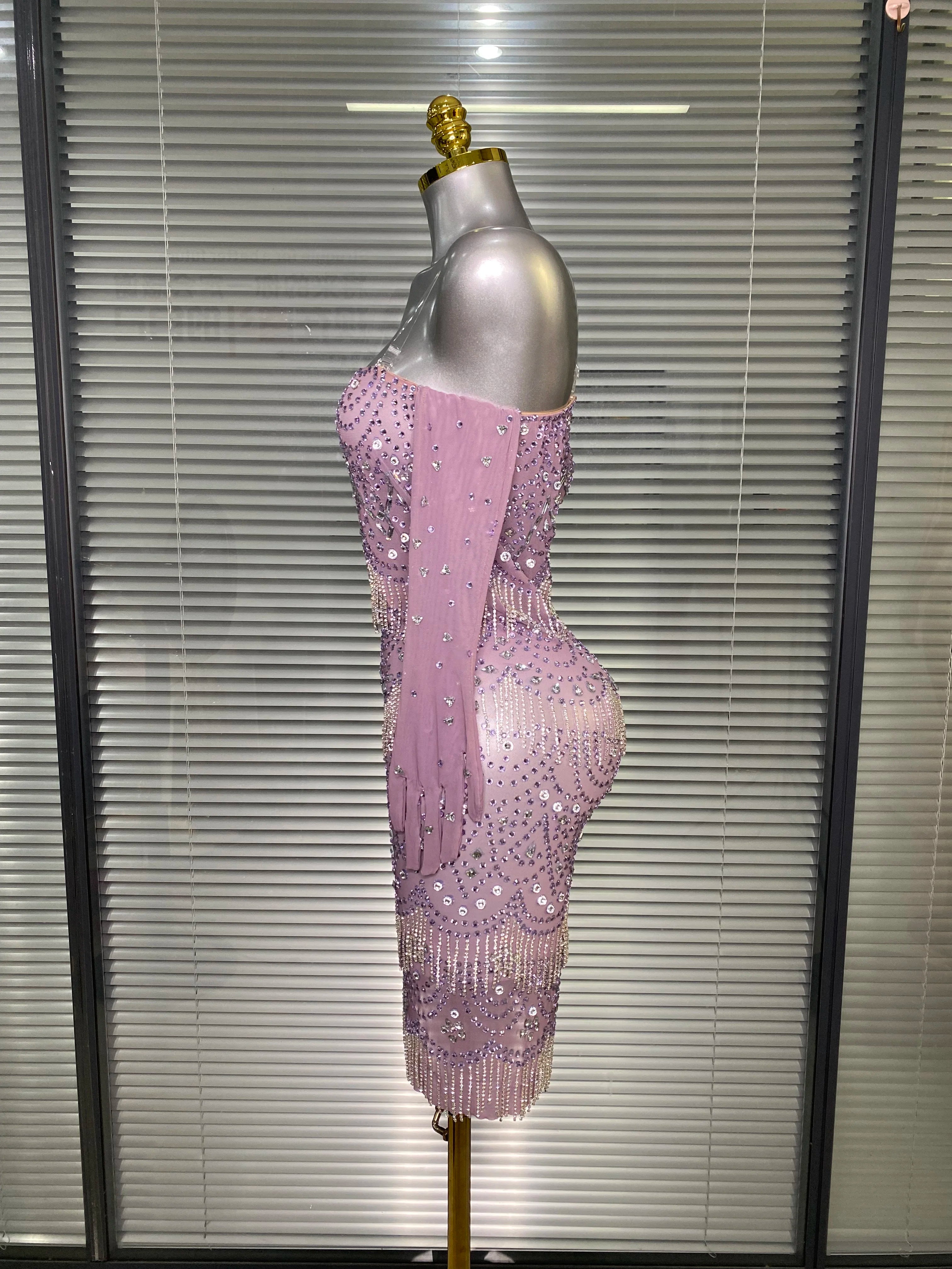 Women Sexy Strapless See Through Mesh Purple Costume Stage Dancer Singer Night Club Celebrity Gloves Mini Party Dress