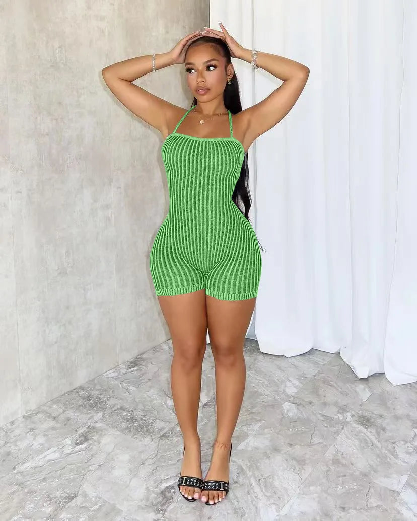 CM.YAYA Women Knitted Sleeveless Strap Short Jumpsuits Street 2024 Summer Striped Casual Sexy One Piece Suit Romper Playsuits