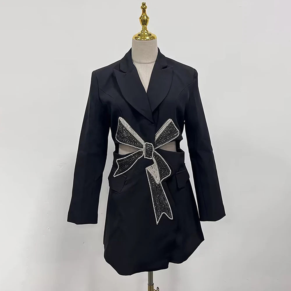 TWOTWINSTYLE Solid Hollow Out Spliced Bow Fashion Jackets for Women Lapel Long Sleeves Patchwork Button Jacket Female Clothing