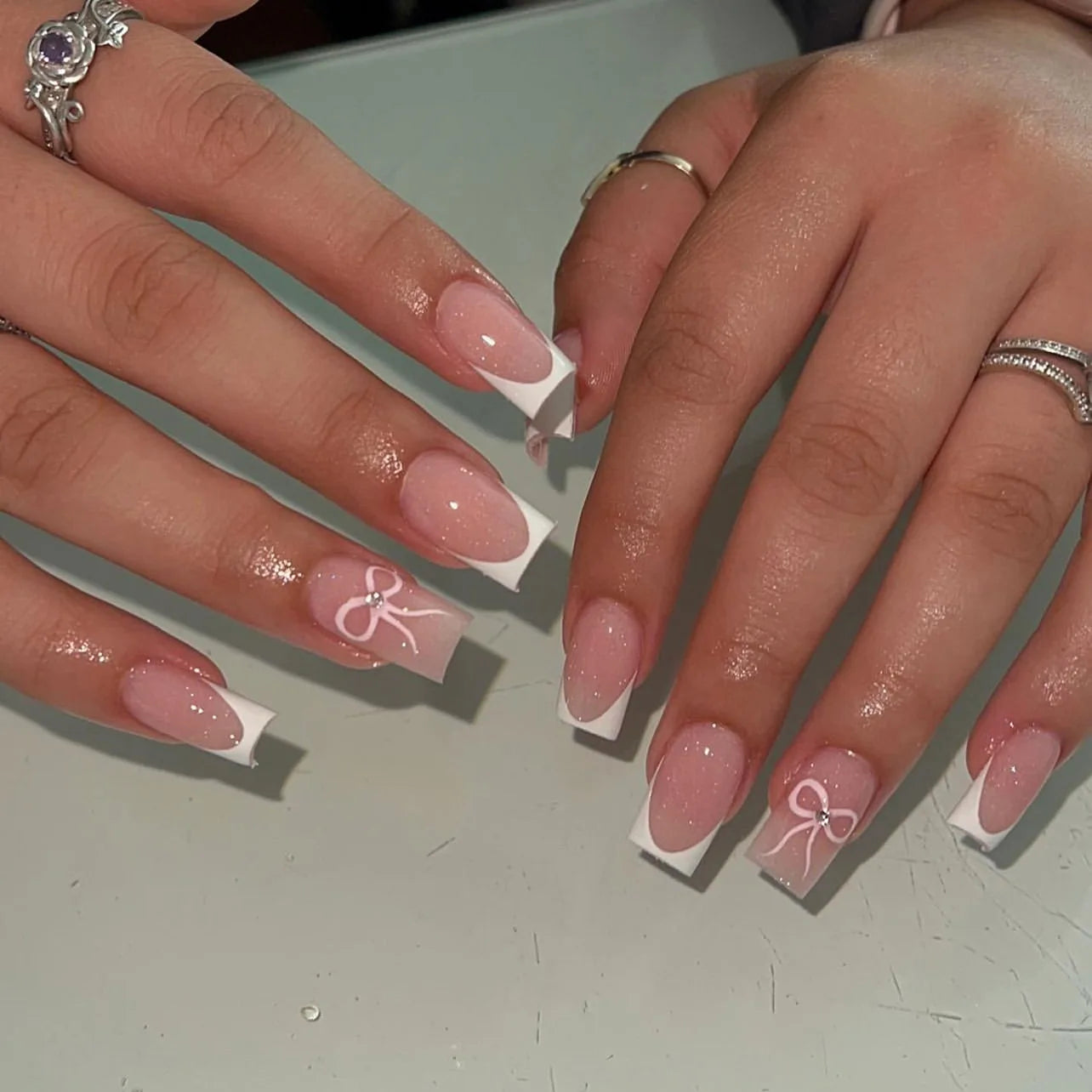 24Pcs Nude Pink French False Nails Press on Short Square Head Stick on Nails with Flower Pattern Design Wearable Fake Nail Tips