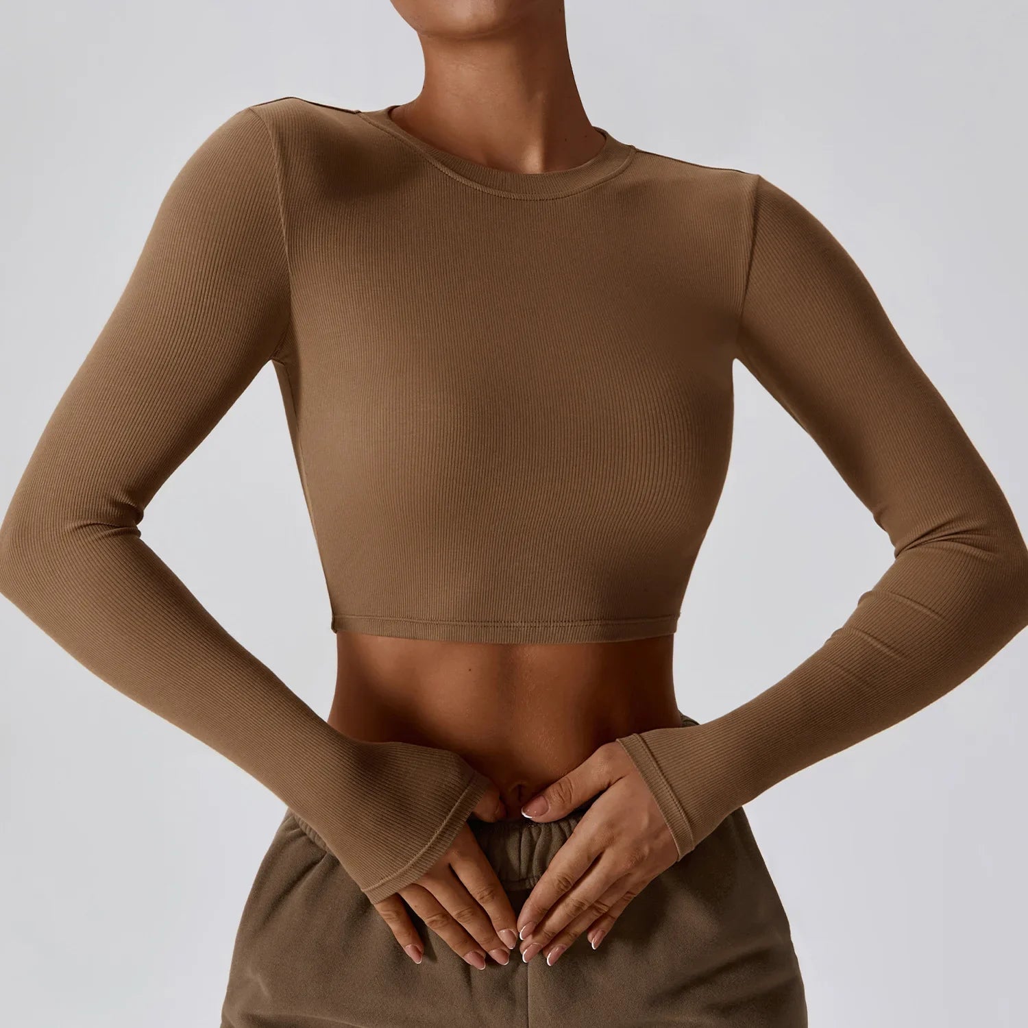 Crop Tops Women Yoga T-shirts Solid Sports Top Long Sleeve Running Shirts Sexy Exposed Navel Quick Dry Fitness Gym Workout Tops Mocha Brown CHINA