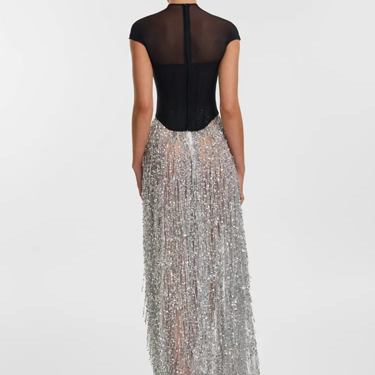Conjunto de saia longa justa prateada, sexy, manga curta, malha, lantejoulas, para mulheres, celebridades, 2025, elegante, para festa à noite