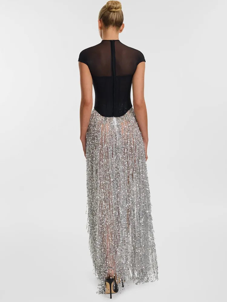 Conjunto de saia longa justa prateada, sexy, manga curta, malha, lantejoulas, para mulheres, celebridades, 2025, elegante, para festa à noite