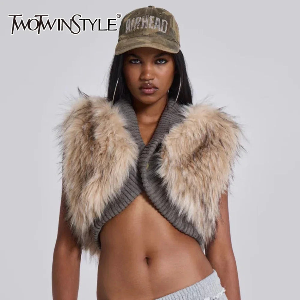 TWOTWINSTYLE Solid Slimming Fashion Tank for Women V Neck Sleeveless Patchwork Fur Luxurious Top Female Autumn Retro Style New