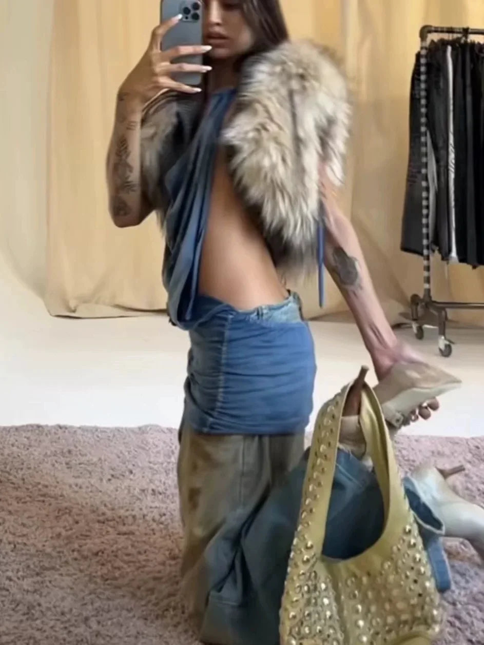 TWOTWINSTYLE Solid Slimming Fashion Tank for Women V Neck Sleeveless Patchwork Fur Luxurious Top Female Autumn Retro Style New