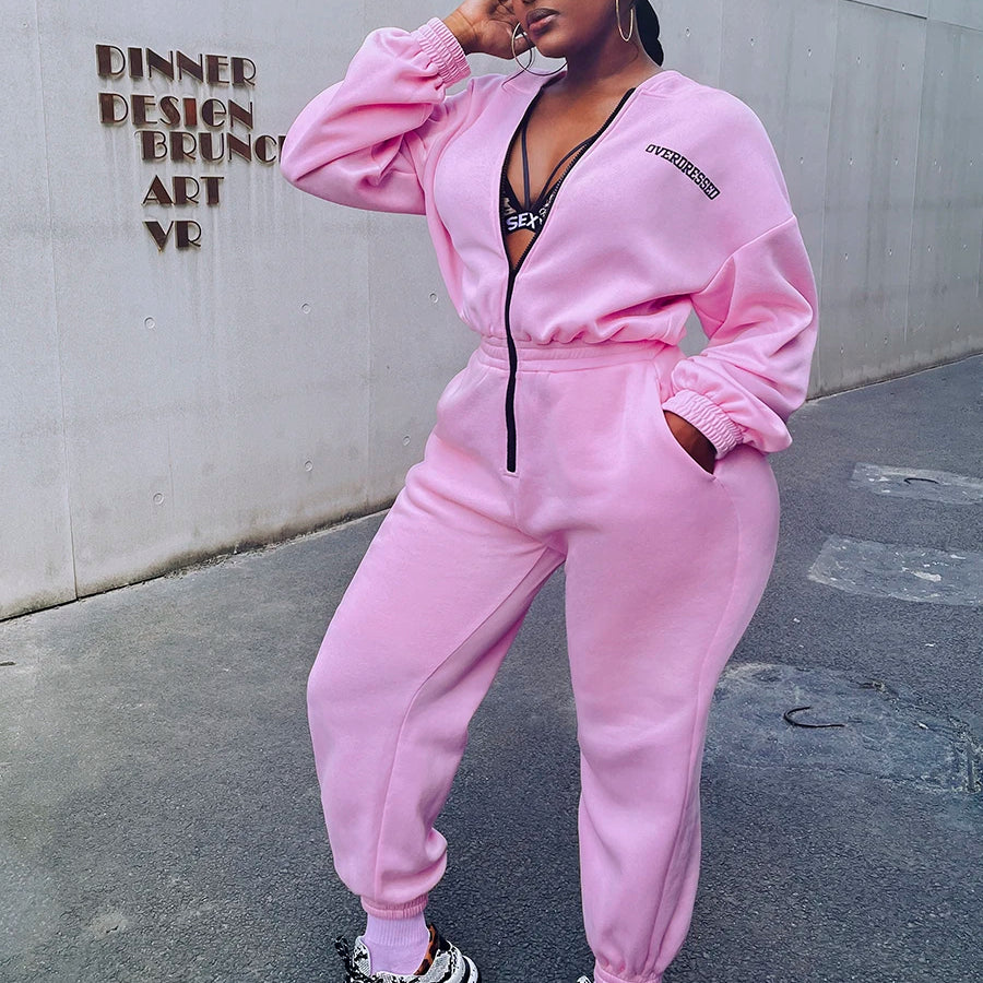 Loose Sweat Jumpsuit Winter Autumn Long-sleeve Loose Romper Female Vintage Pocket Sweatpants Overall Thick Warm Jumpsuit