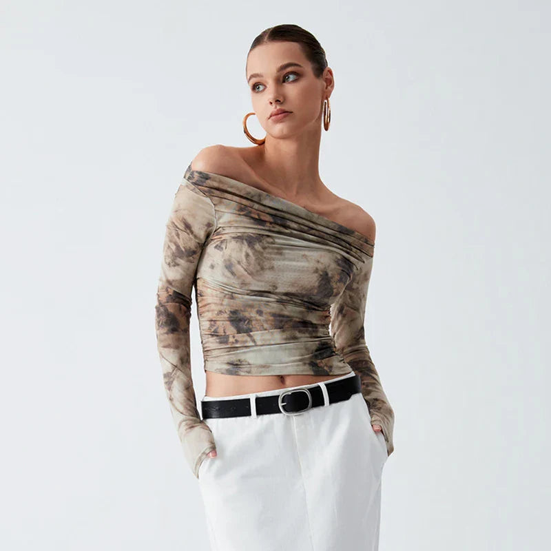 CUTENOVA Spring New Printed Slash Collar Long Sleeve Backless Shrinkage Top T-Shirt Mesh See Through Elegant Top Casual