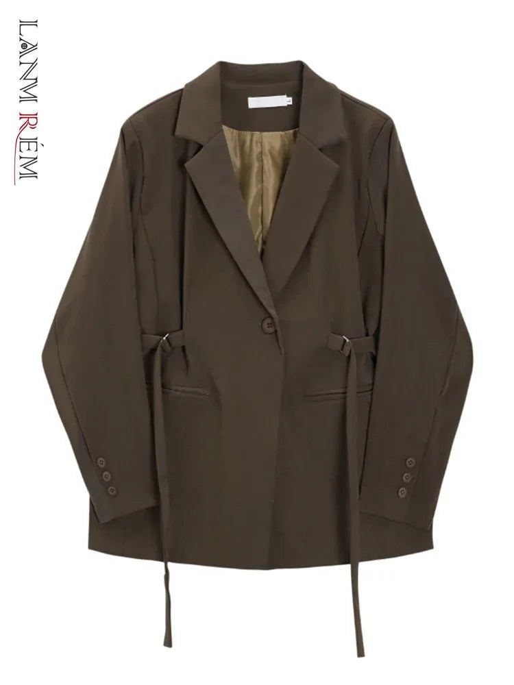 LANMREM Belt Spliced Design Blazer Women Vintage Notched Collar Single Button Coat Fashion Spring New Clothing 2AA4613