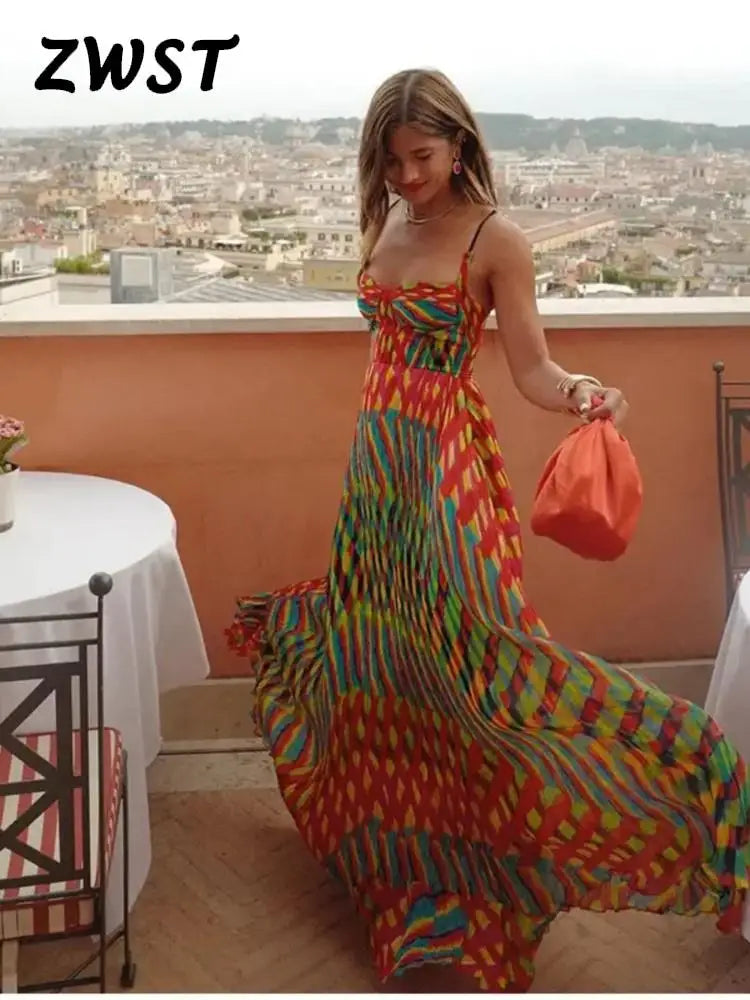 Print Contrasting Sling Maxi Dresses For Women Beach Colorful Sleeveless Backless Loose Dress Lady Summer Vacation Vestidos