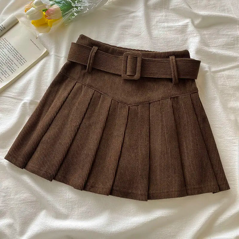 Pleated Mini Skirts Women Japan Students Corduroy Preppy Style Autumn Winter Basic Solid Bottoms Chic Vintage JK Slim All-match coffee with belt