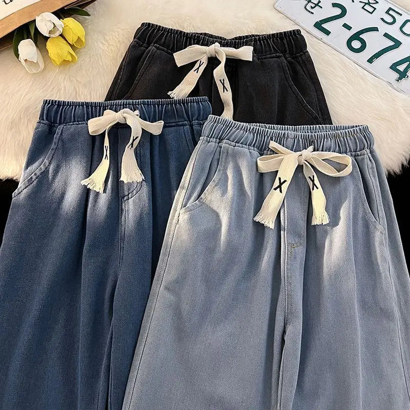 Spring And Winter Wide-leg Jeans Women Loose Straight Leg All Draped Trousers Students High-waisted Nine-point Pants