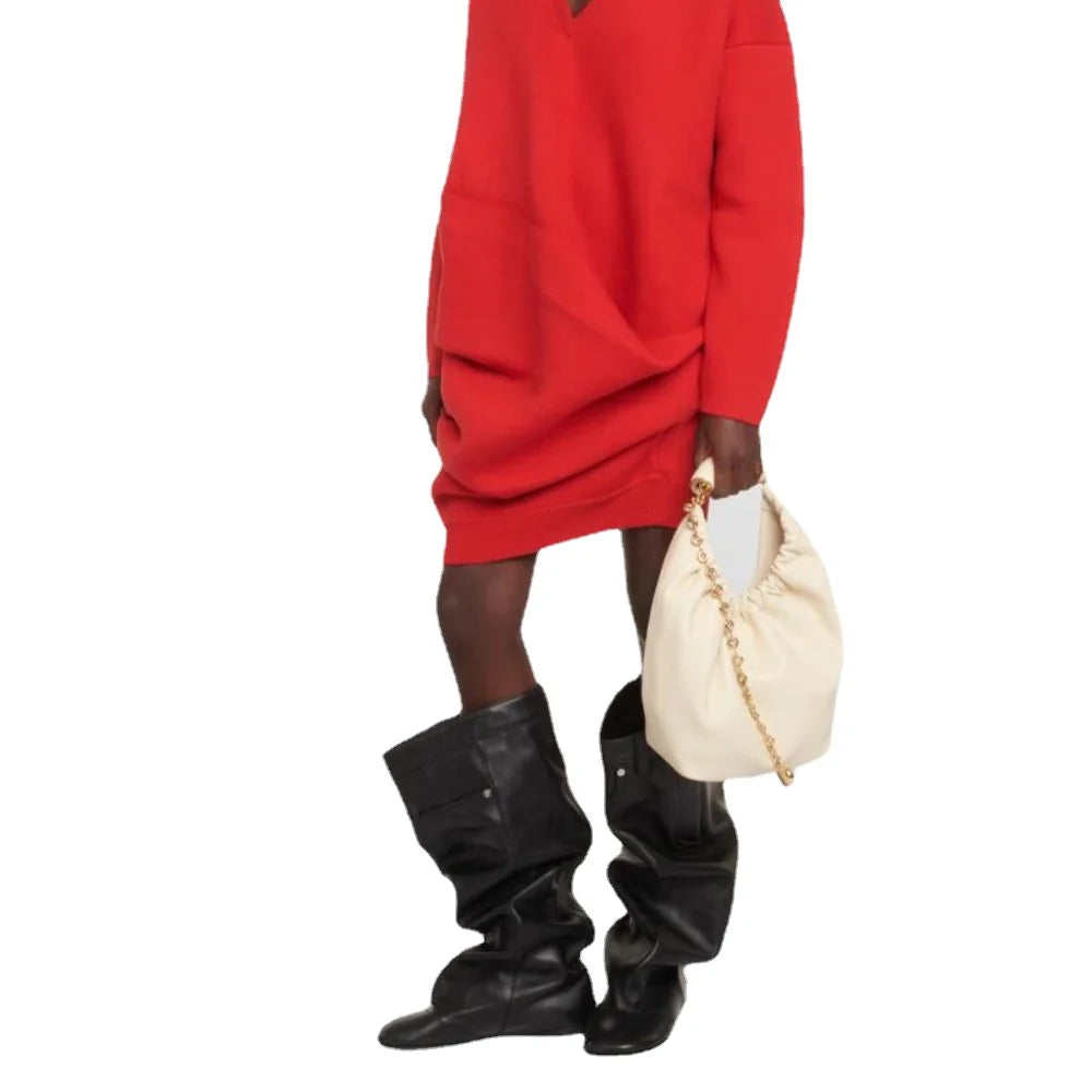 Women's High Rise Knee Length Women's Boots Fashion Size 43 Large Flat Bottom High Barrel Mid Sleeve Women's Boots