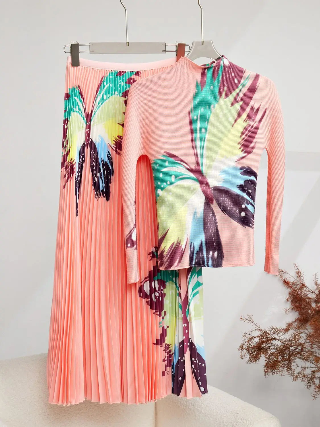 Spring Autumn Runway 2 Pieces Sets Women's Turtleneck Flower Print Stretch Pullover Top+Long Pleated Skirt Suit Female Outfits