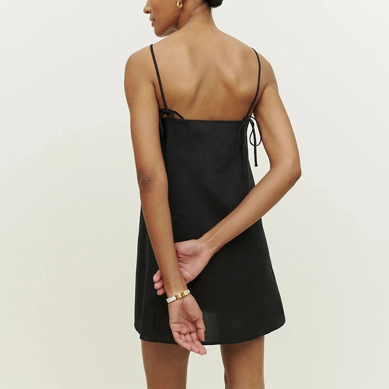 Cotton Linen Dress For Women Sexy Sleeveless Back Bandage Lace Up Chic Holiday Beach Sundress Ladies Dresses Summer Sale