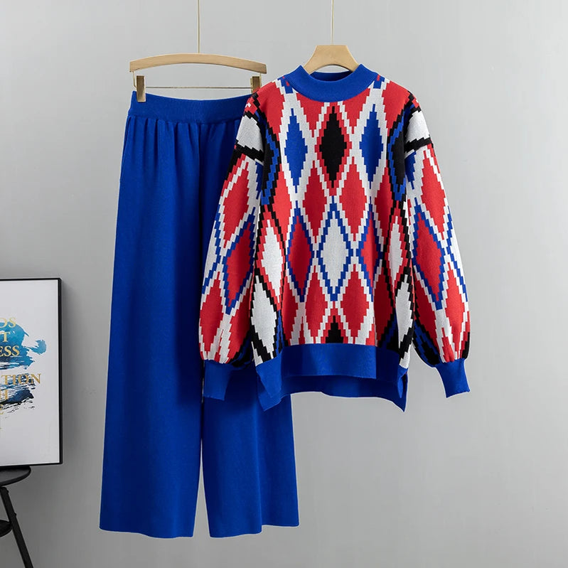 Women Knitted Two Piece Set 2023 Fashion Autumn Winter Loose Trousers Suit Casual Long Sleeve Top with Wide Leg Pants Outfits Blue One Size