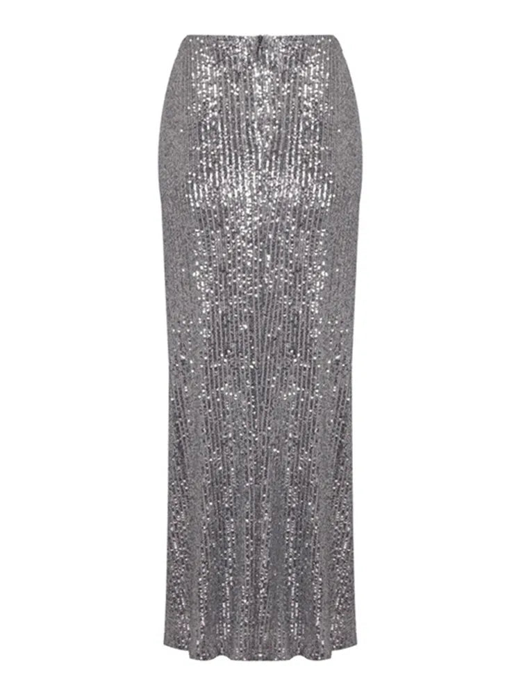 Women Mesh Sequins Flower Sparkly Silver Midi Bodycon Skirt 2024 Designer High Waist Party Office Lady Elegant Split Skirt