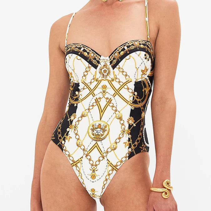 Courtl Vintage Gold Print One-piece Bikini Swimwear Costume Sexy Fashion Slim Fit Swimsuit With Long Trousers Beach Holiday 2024