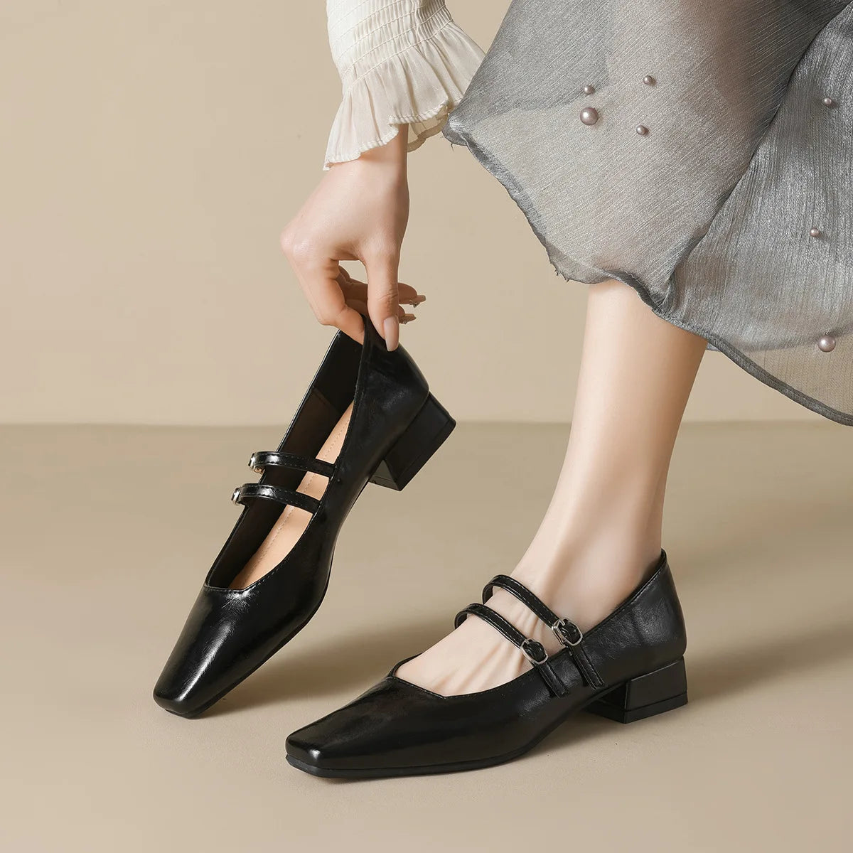 spring women's outerwear shoes Square toe design Mary Jane shoes Ladies casual high heels Work boat shoes Large sizes 41-43