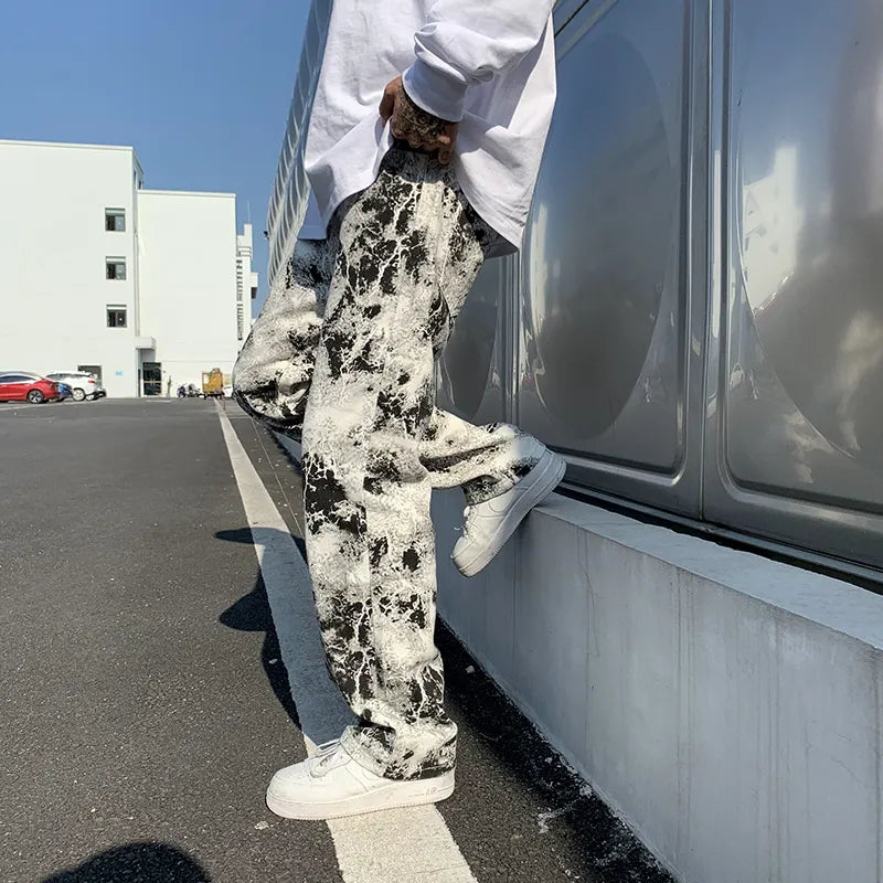 Mens Fashion Printed jeans Spring Mopping Trousers Jeans Korean Style High Street Loose Hip Hop Wide-leg Jean Pants