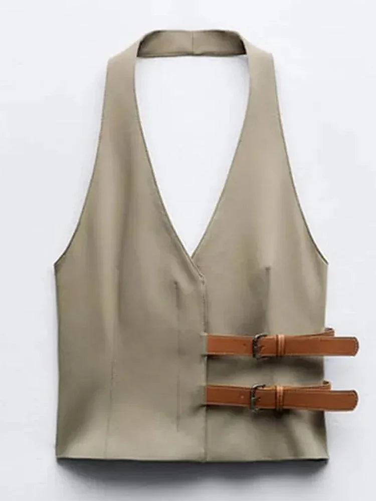 Fashion Leather Belts V-neck Halter Vest Women Elegant Sleeveless Backless Female Tanks Y2k Spring Summer Lady Waistcoat