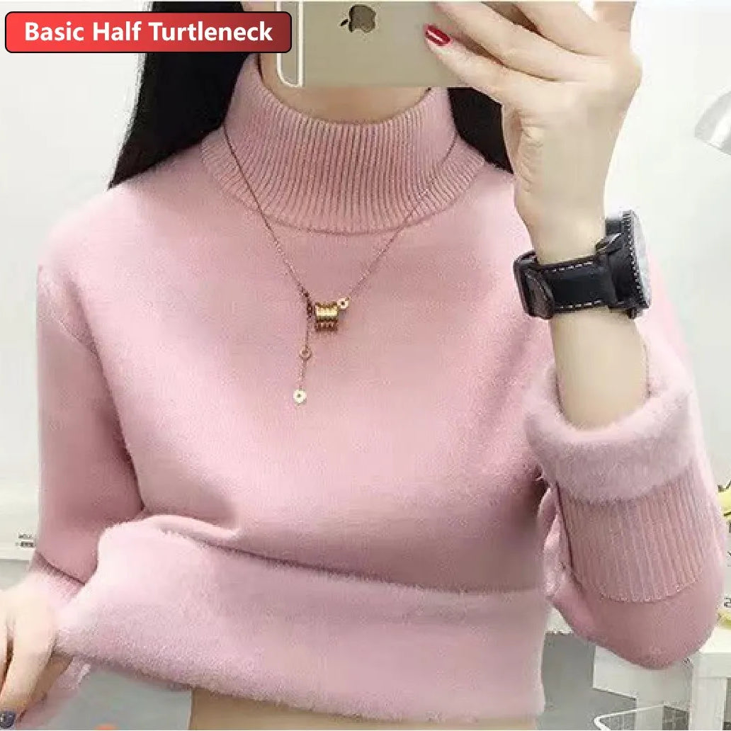 Turtleneck Winter Sweater Women Elegant Thicken Velvet Lined Warm Sueter Knitted Pullover Slim Tops Jersey Knitwear Jumper New HT pink