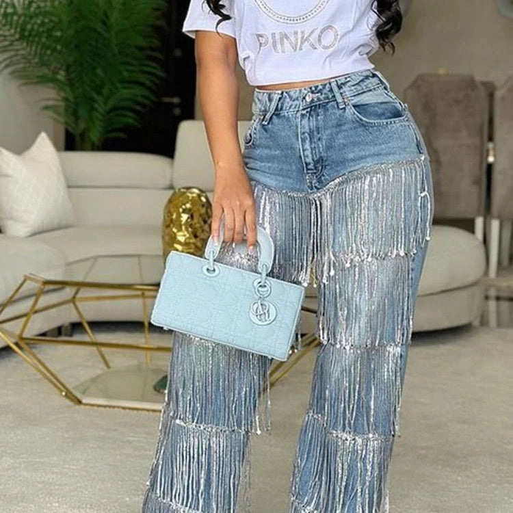 CM.YAYA Women Sequins Tassel Wide Leg Blue Denim Pants 2025 Summer Streetwear Party Vintage High Waist Jeans Trousers