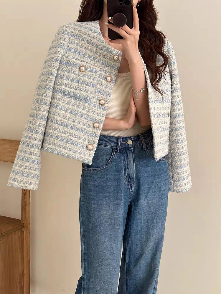 Autumn Winter Women Elegant Tweed Cardigan Short Coat With Pocket Single Breasted Jacket For Women Loose Outwear