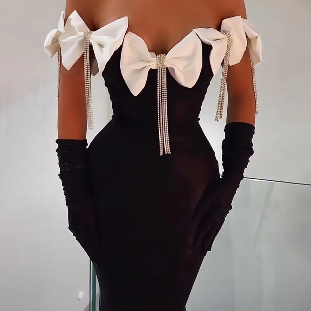 Sparkling Diamonds Tassel White Bows  Sexy Off The Shoulder Ankle Lenght Bandage Dress Woman Birthday Party Vestido