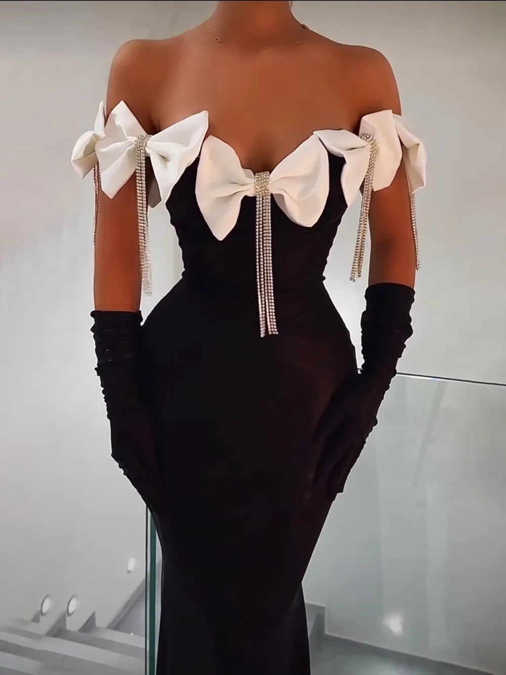 Sparkling Diamonds Tassel White Bows Sexy Off The Shoulder Ankle Lenght Bandage Dress Woman Birthday Party Vestido