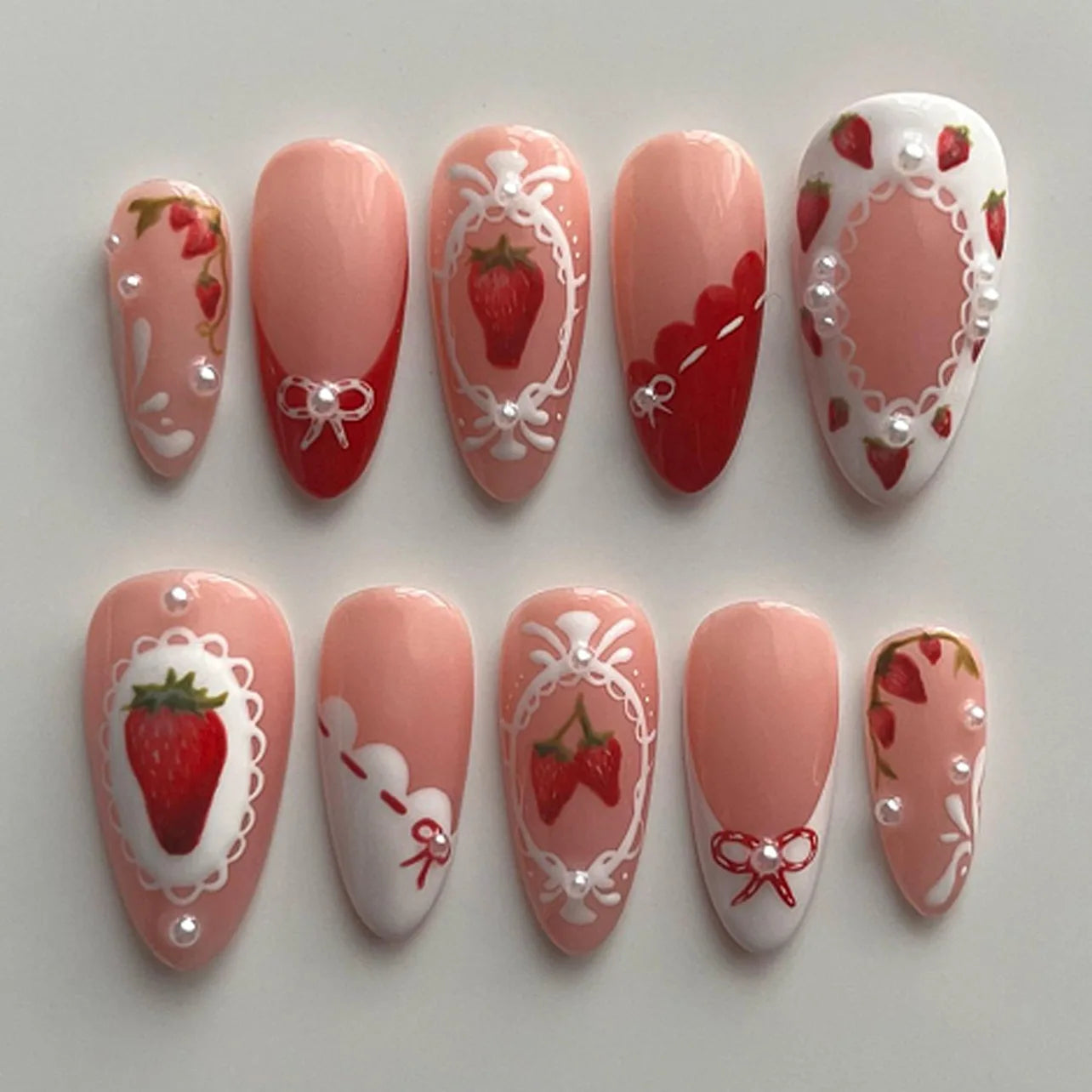 24Pcs Mid-length Almond Nails Set Press on Strawberry Pearl Love Check Design Fake Nails 3D Bow Flower Reusable False Nails Tips