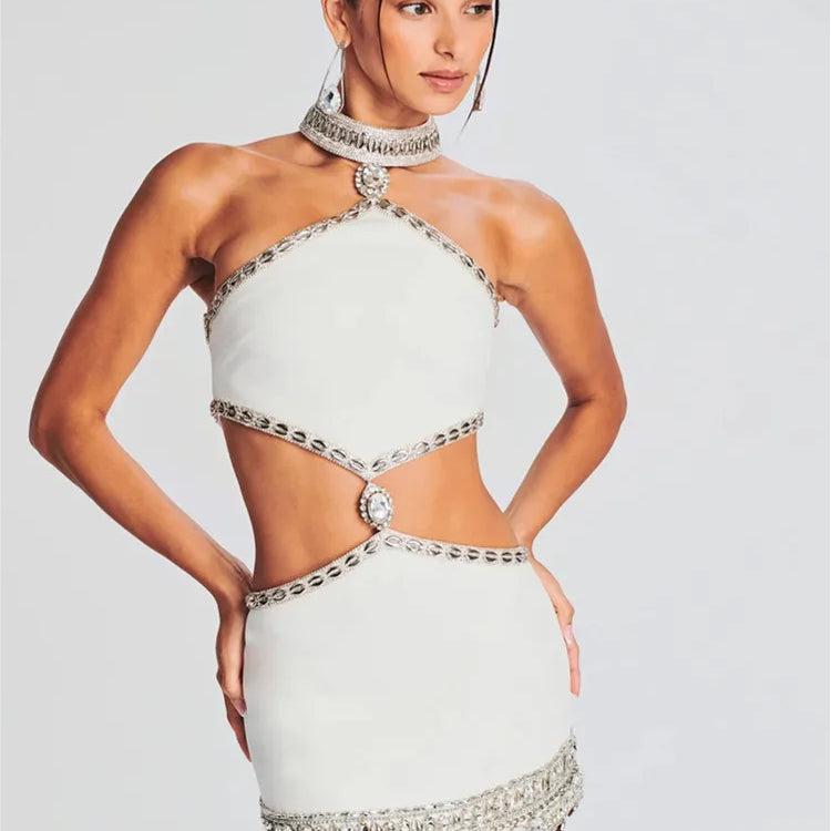 Vestido curto feminino sexy com recortes, decote halter, diamantes brancos, cristal, bodycon, bandagem, elegante, traje para festa noturna