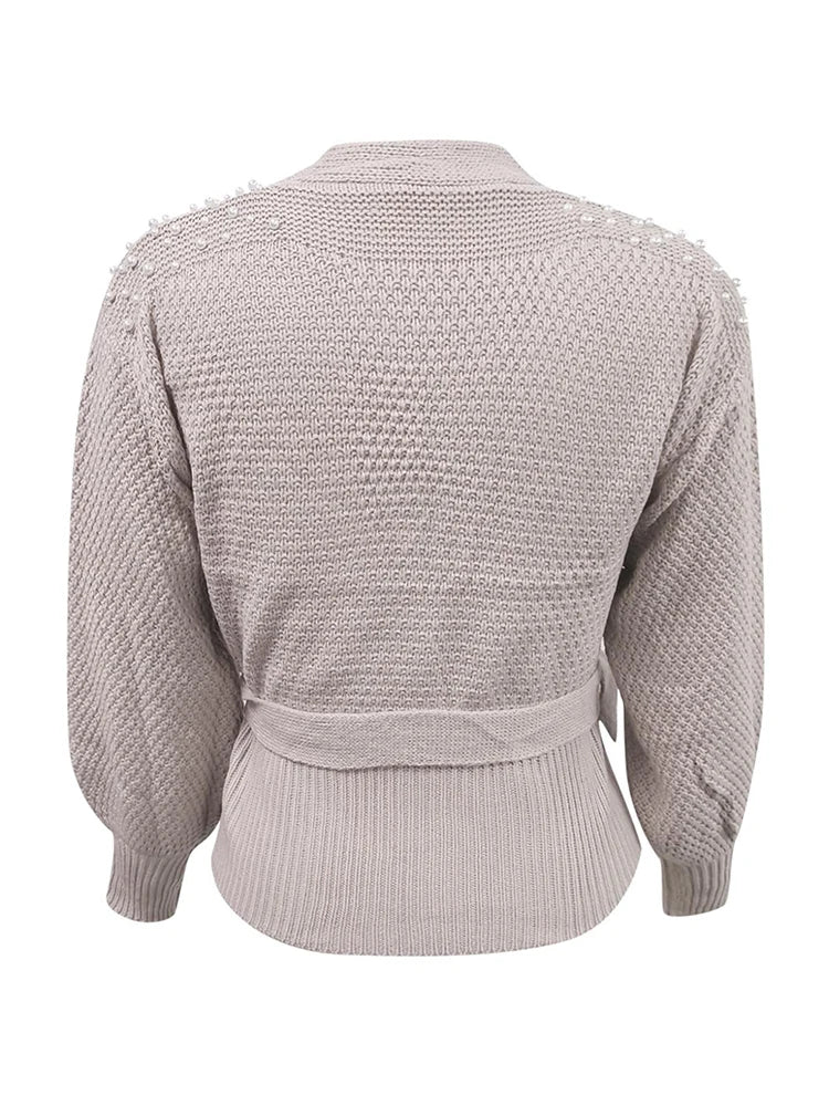 Women Pearls Sweater Cardigans Bowknot Knit Cardiagn Tops Plus Size Sweater Coat Short Outwear