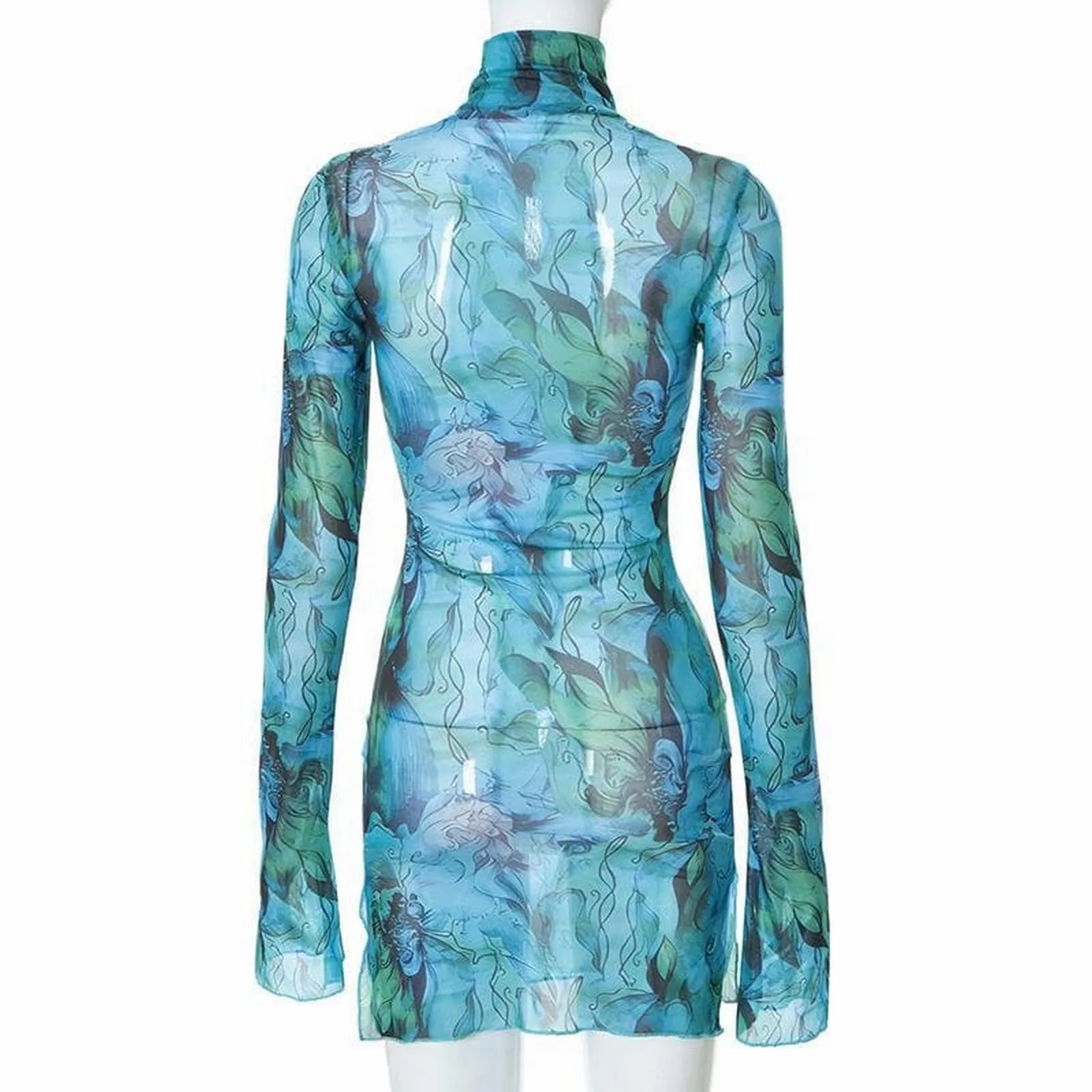 Women'S Dresses Free Shipping Ladies Mesh Printed Round Neck Bell Sleeve Side Open Hip Dress Sexy Stretch Slim Mini Skirt Y2k