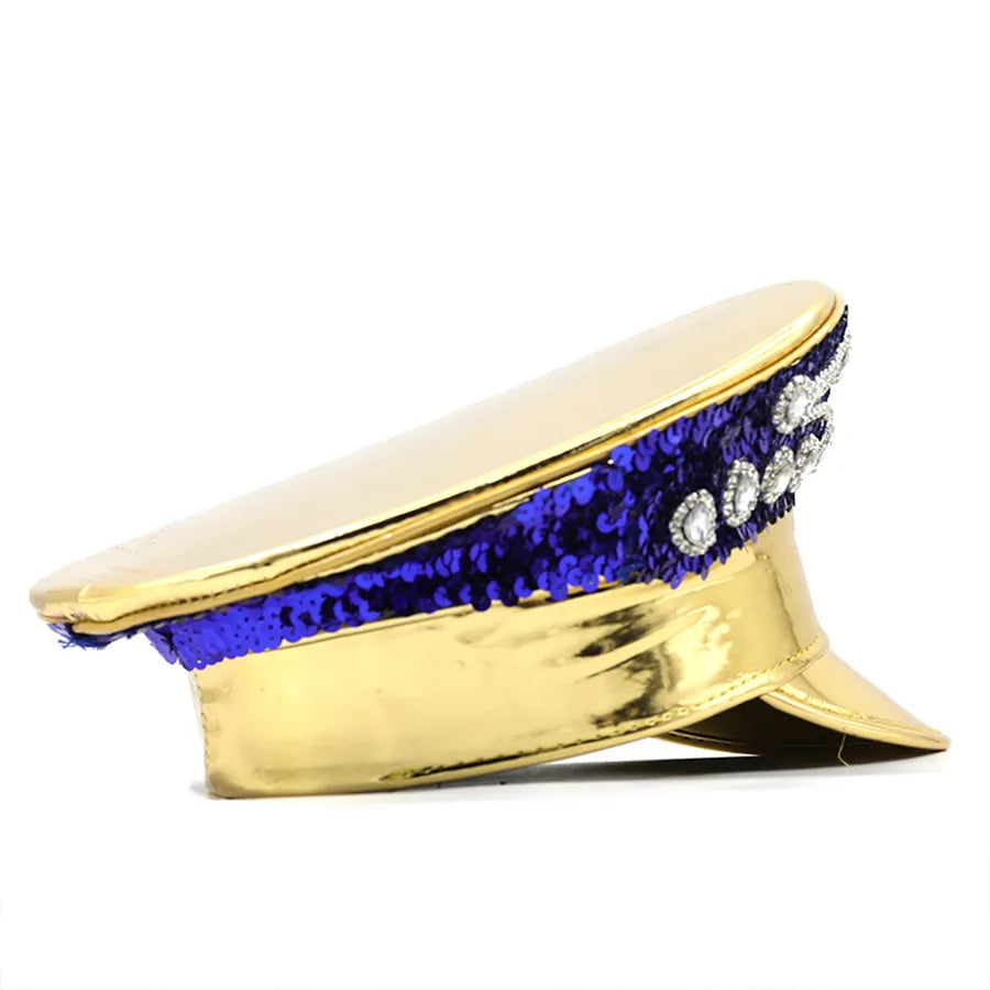 Women Gold Sequin Burning Bride Military Hat Luxury Bridal Captain Sergeant Hat Octagonal Rhinestone Festival Birthday Part Hat