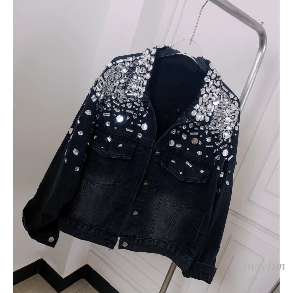 Studded Black Denim Jacket Woman Fashion Brand Designer Model Heavy Industry Rhinestone Beaded Sequins Street Diamond Jean Coat