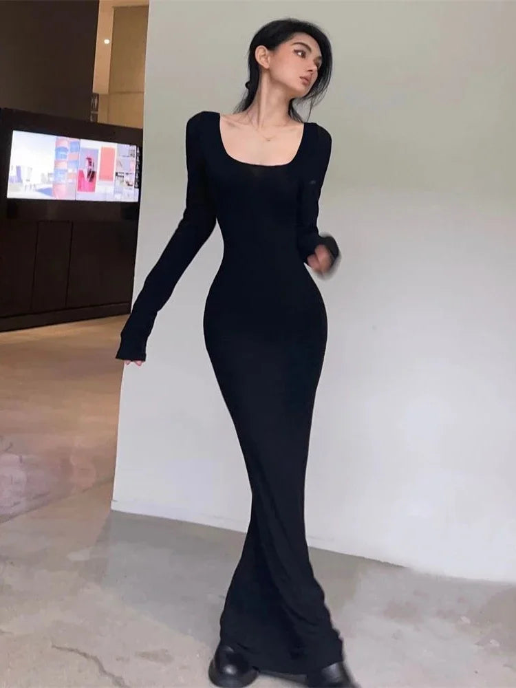Y2K Sexy Black Dress Women Vintage Wrap Slim Bodycon Long Dresses Party Evening Square Collar Fashion Spring Outfits Black