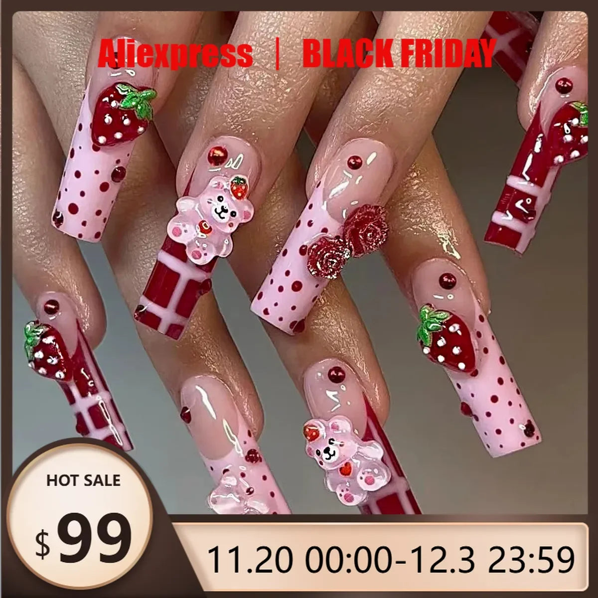 3D Extended Fake Nails Polka Dot Design Full Cover Nail Tips Art Strawberry Cute Bear Rose Press on Nails Wearable Fingernail