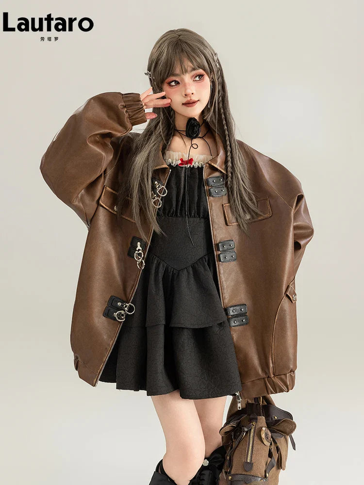 Spring Vintage Oversized Distressed Brown Pu Leather Jacket Women Long Sleeve Luxury Designer Maillard Style Clothing