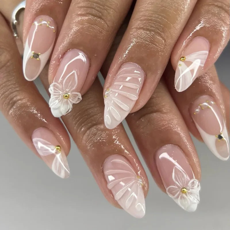 24pcs 3D Flower Design Press on Nails Blue French Almond False Nail Tips for Women Wearable Reusable European Fashion Fake Nails
