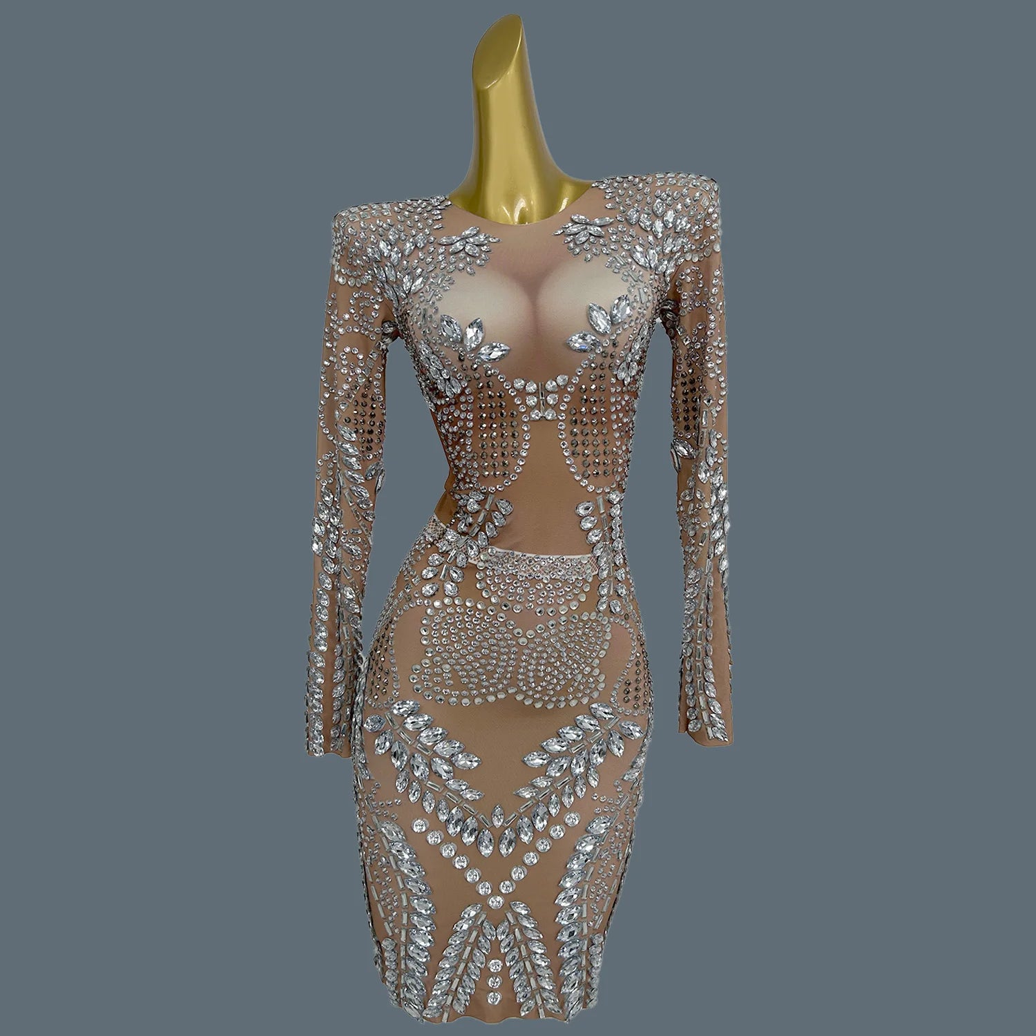 Sparkly Silver Big Rhinestone Sheer Mesh Evening Dress Birthday Celebrate Party Luxurious Costume fof Women Prom Dress Liushu