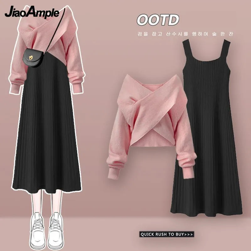 Women's Autumn Winter Knit Dress Two Piece Fashion Cross Sweater+Suspended Skirt Matching Set Korean Elegant Chic Suit