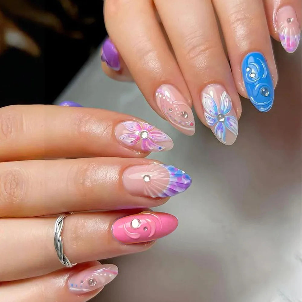 24Pcs Mid-length Almond Press on Fake Nails 3D Colorful Smudge Flower French False Nails Rhinestone Reusable Full Cover Nail Tip