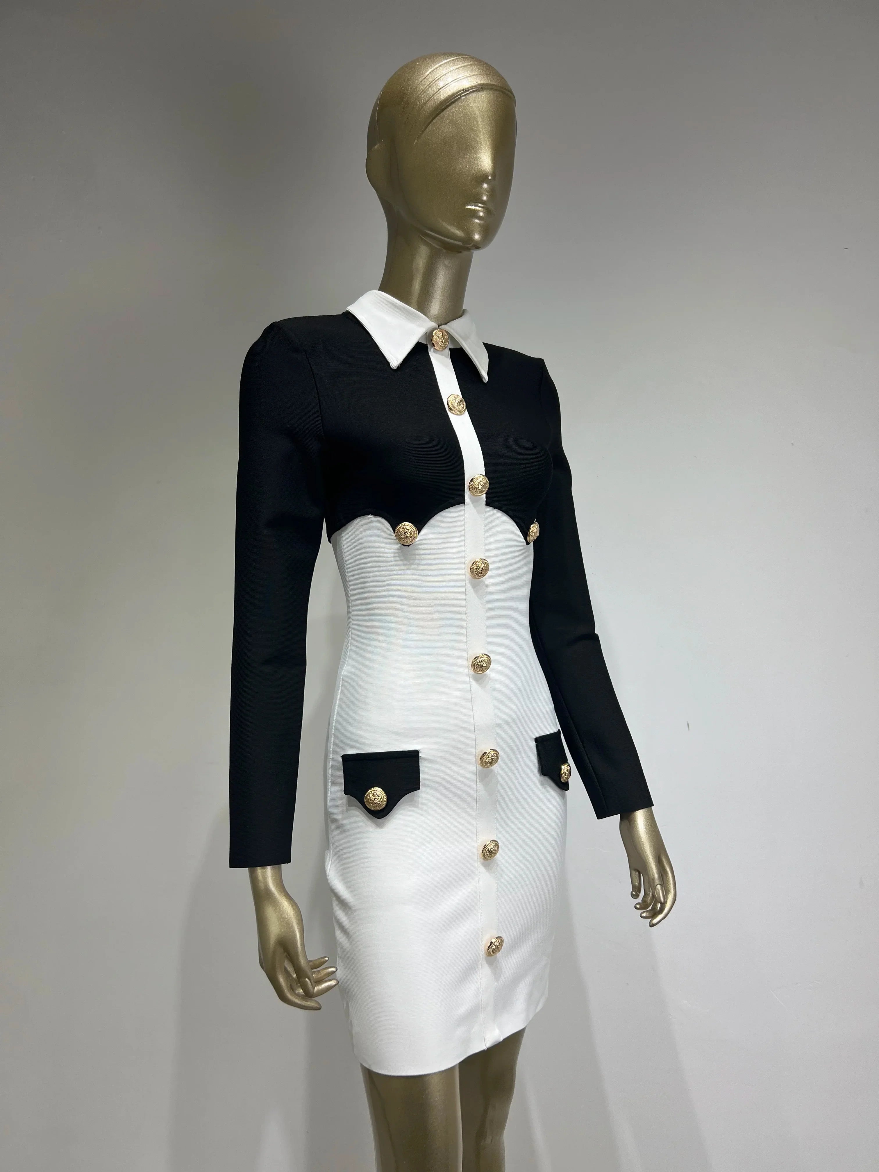 Vestido curto feminino sexy de manga comprida com patchwork, preto e branco, com botões, estilo bandagem, elegante, para festa à noite