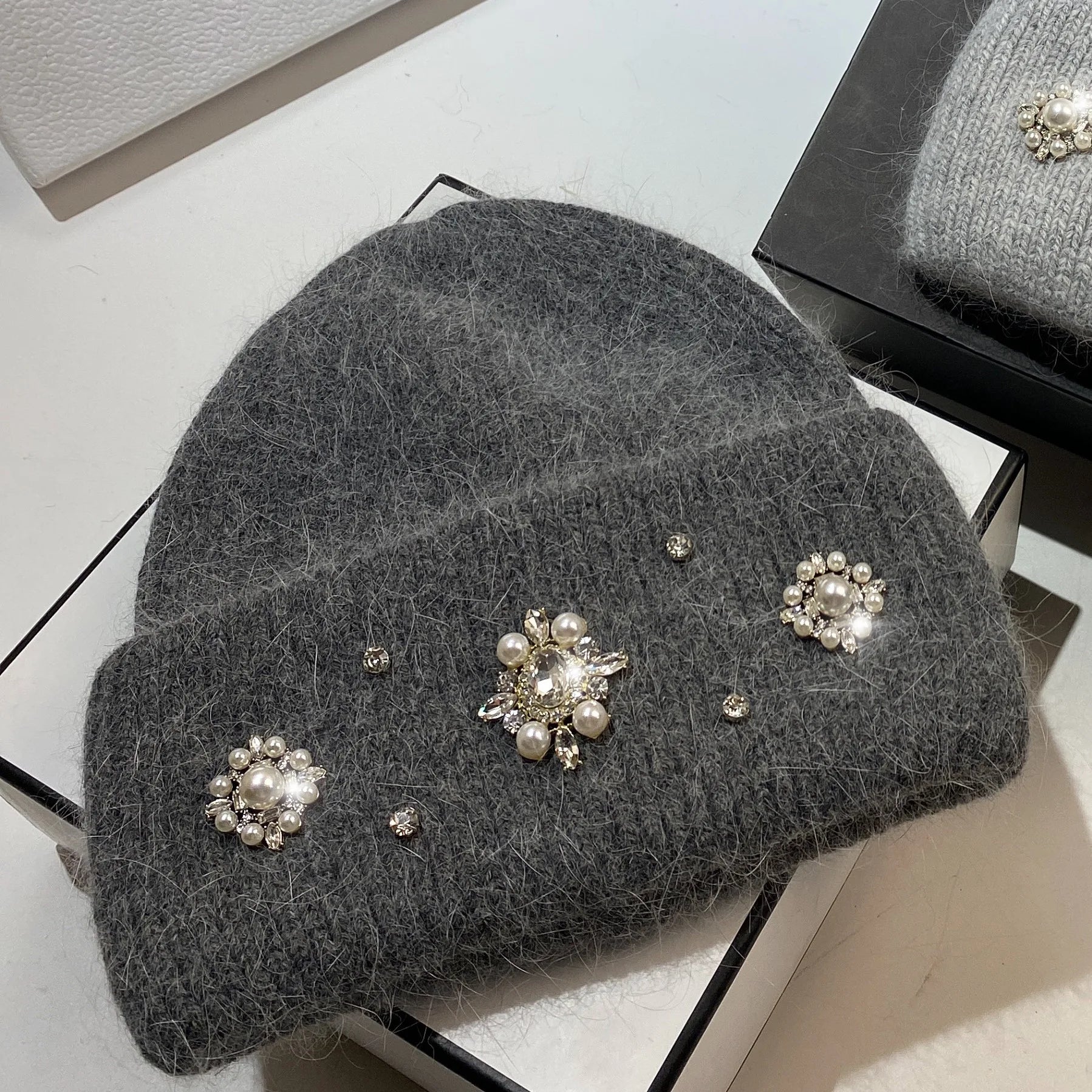 Real Rabbit Fur Winter Warm Knitted Hat Luxury Rhinestone Women's Wool Skullies Beanies Female Cold Hat Outdoor Skiing Cap Dark Gray