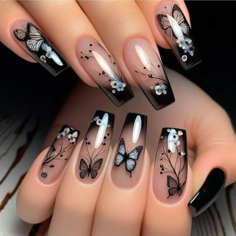 24Pcs Fashion French Fake Nails Colorful Glitter with Butterfly Patterns Medium Square False Nail Art Wearable Acrylic Nail Tips