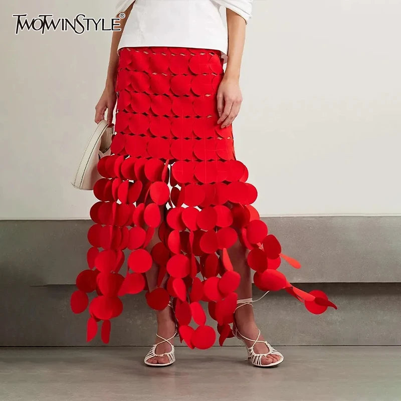 TWOTWINSTYLE Solid Minimalist Skirts For Women High Waist Patchwork Dot A Line Skirt Elegant Temperament Skirt Female Fashion